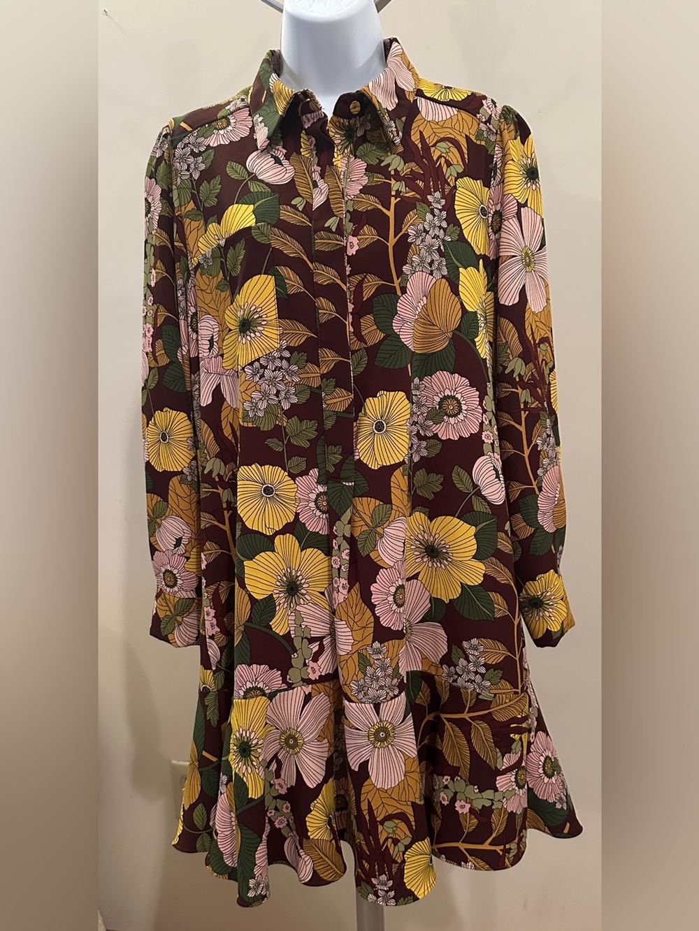 Tuckernuck Burgundy Floral Long-Sleeve Button Dress with Yellow & Pink Blooms